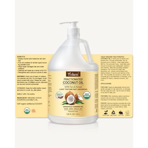USDA Organic Fractionated Coconut Oil, 1 Gallon (128 Fl Oz), Liquid Coconut Oil for Massage & Bulk Use, Professional Body & Carrier Oil, Unscented, Hexane Free