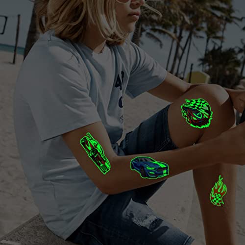 Luminous Race Car Tattoos for Kids - 24 Sheets Glow in The Dark RaceCar Temporary Tattoos for Boys Birthday Party Favors Goodie Bag Fillers