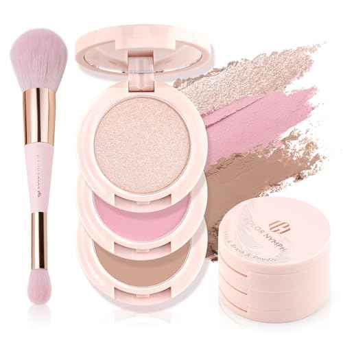Color Nymph 3 Colors Contour Blush Highlighter Makeup Palette, Travel Size Make up Kit, Blush & Highlighter & Contour Powder Palette, Includes Brush and Mirror, Stacked Makeup Design £¨Pink£©