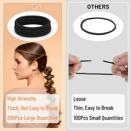 Anezus 200 Pcs Hair Ties for Women Girls Hair Elastics Hair Bands Ponytail Holders Hair Rubber Bands for Thick Straight Curly Hair (Black)