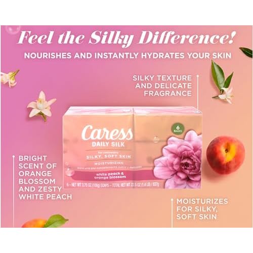 Caress Daily Silk Moisturizing Soap, White Peach & Orange Blossom, 3.75 oz 6 Bars - 2 Pack