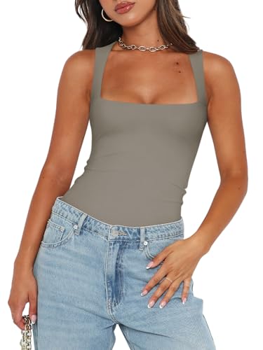 REORIA Womens Summer Sexy Sleeveless Square Neck Double Lined Going Out Cute Thong Bodysuit Tank Tops Grey Green Small