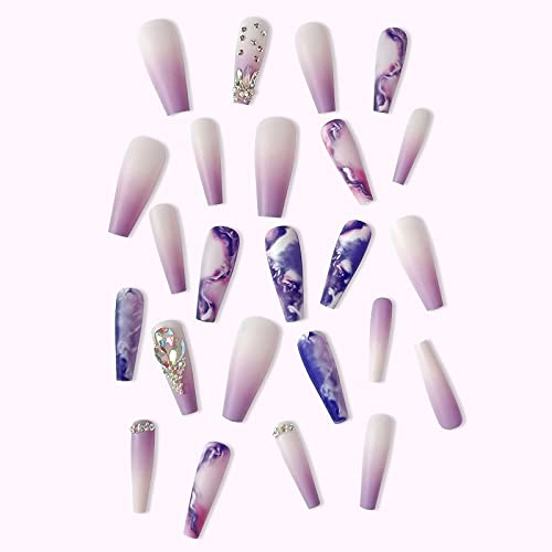 24 Pcs Press on Nails Long with Rhinestones Gradient Purple False Fake Nails Press on Coffin Artificial Nails for Women Stick on Nails with Designs on Static Violet Nails