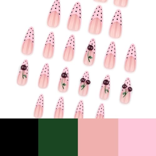Pink Almond French Press-On Nails with 3D Cherry Design - 24 Pcs