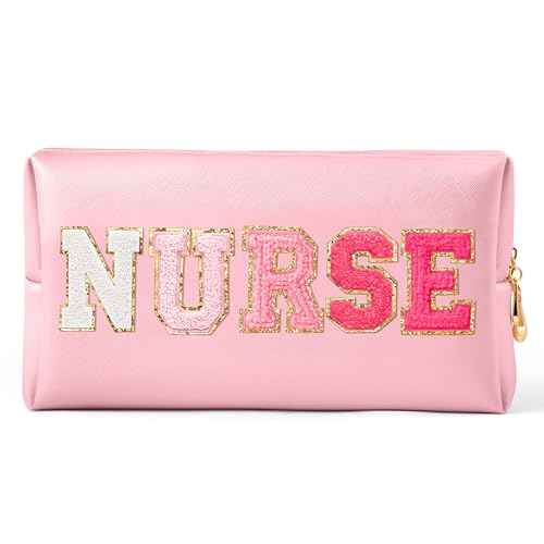CY2SIDE NURSE Letter Makeup Bag - Gradient Pink Chenille Letter Patch Cosmetic Bag Pink PU Leather Patch Travel Pouch Waterproof Portable Zipper Travel Organizer Case Xmas Gifts for Nurse Women