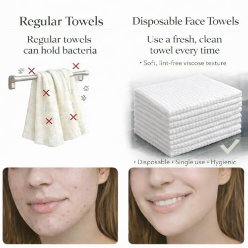 Disposable Face Towels XL for Acne-Prone & Sensitive Skin ? Ultra Soft Biodegradable Viscose Single-Use Facial Towels for Daily Skincare Hygiene & Makeup Removal ? SoftBloom (50 Count)
