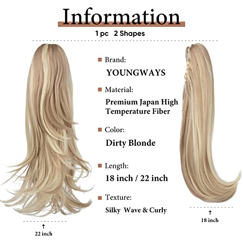 youngways Clip in Ponytail Extension Dirty Blonde 18 Inch Pony Tails Hair Extensions for Women Long Straight Curly Tail Ponytail Hair piece Synthetic Fake Versatile Pony