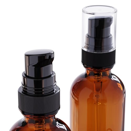 12Pack 60ml Amber Glass Pump Bottle with Black Top,2oz Small Dispenser, Travel Size Refillable Botttles For Lotions,Sercums,Essential Oils