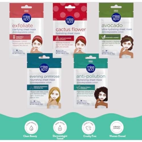 MISS SPA Hydrating & Brightening Sheet Mask Set Facial Masks for Women Exfoliating, Moisturizing Anti-Aging Skincare Bundle Nourishing Masks Dermatologist Tested 5-Pack