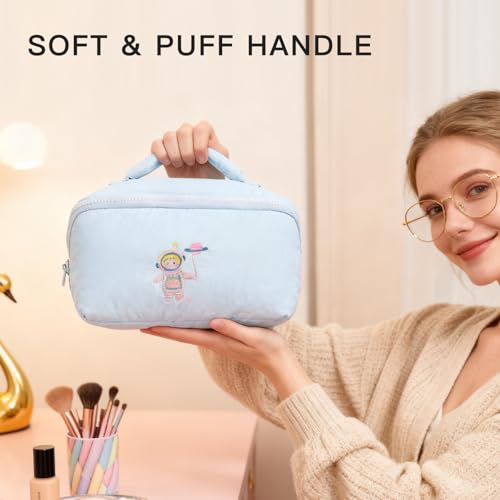 Cute Makeup Bag for Women - Travel Cosmetic Pouch with Large Capacity, Water-Resistant Nylon Make Up Organizer Blue