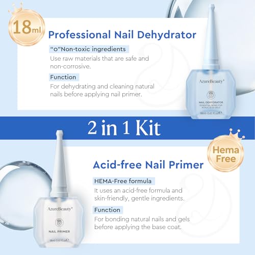 AZUREBEAUTY 18ml Nail Dehydrator & Primer Kit - Acid-Free, No Lifting