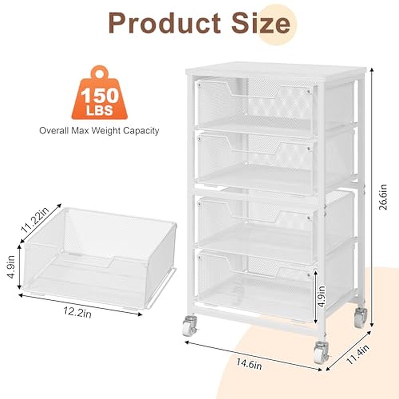 4-Drawer Metal Rolling Storage Cart with Wooden Top - White