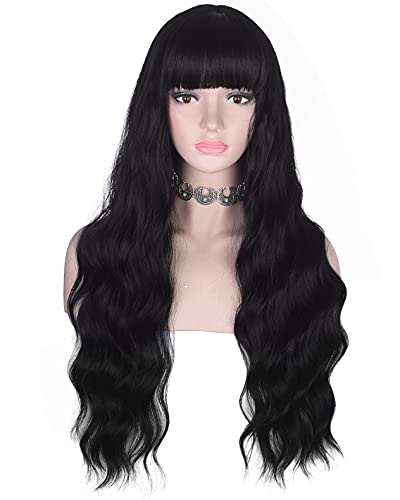 AMZCOS Long Wavy Black Wig with Bangs for Women Heat Resistant Synthetic Hair Wigs for Daily Use(Black)