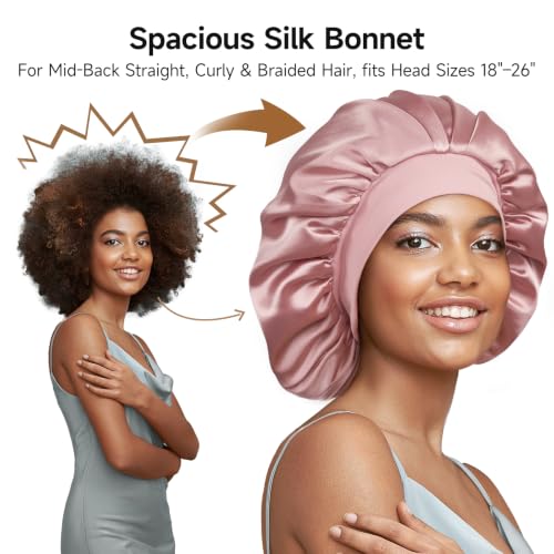 22 Momme Mulberry Silk Sleep Bonnet for Curly Hair - Pink