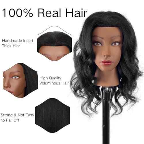 18" MQHIHI Mannequin Head Human Hair with Tripod Set, 100% Real Hair Cosmetology Manikin Doll Head for Hairdresser Practice Braiding with Tripod Set and Tools