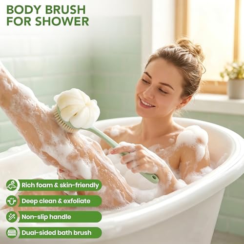 15.7" Back Scrubber Brush with Loofah & Bristles for Shower