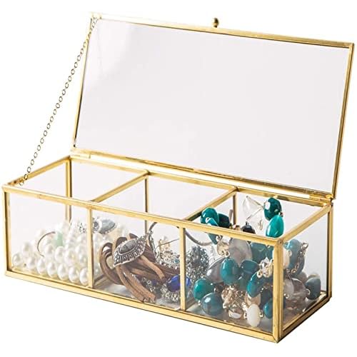 Vintage Golden Glass Lidded Box Clear Glass & Brass Metal Storage Jewelry and Cosmetic Makeup Organizer with Lid Beauty Display, Rectangle with 3 Compartment