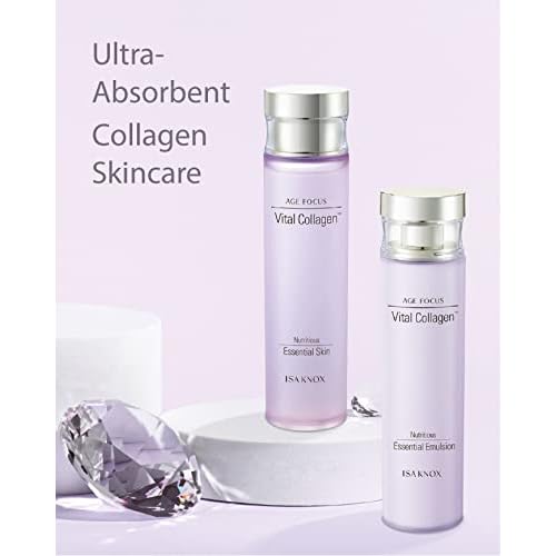 ISA KNOX AGE FOCUS VITAL COLLAGEN SKINCARE GIFT SET (370ml / 12.51 Fl Oz) - Korean Luxury Premium High-end Skin Toner, Emulsion Lotion, Cream by LG BEAUTY. Hydrolyzed Collagen,