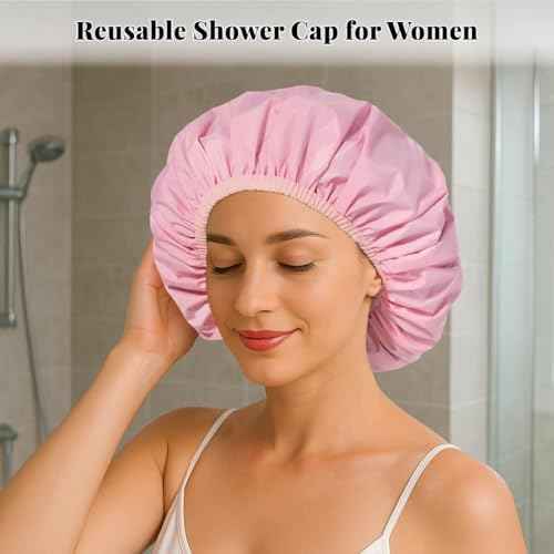 Reusable Shower Cap for Women, 3Pcs Hair Cap for Shower, Waterproof Shower Cap with Elastic Band for Long, Thick or Curly Hair