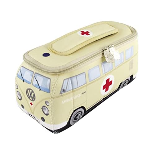 BRISA VW Collection - Volkswagen Neoprene Universal Makeup Cosmetics Toiletry Travel Pharmacy Bag in T1 Bus Design (Ambulance/Beige) (Small (9.1 x 4.3 x 3.1 inches))