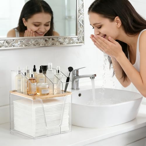 Disposable Facial Towel Holder & Cosmetic Organizer with Bamboo Lid