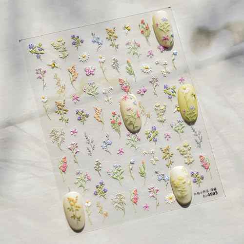 JMEOWIO 3D Embossed Flower Nail Art Stickers Decals Self-Adhesive 5D Spring Summer Floral Nail Supplies Nail Art Design Decoration Accessories 1 Sheets