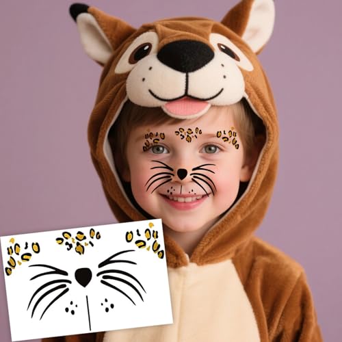 Leopard Face Stickers - 4 Sheets Halloween Temporary Tattoo Stickers for Face & Body - Wild Animal Print Fake Tattoos for Costume, Party, Festival, Tiger & Leopard Makeup