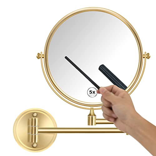 8 Inch Bathroom Makeup Mirror Wall Mounted Gold, 360 Swivel Vanity Mirror with Magnification, Extendable Arm, 1X/5X Two-Sided, Brass Material, Brushed Light Gold