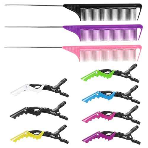 10Packs Rat Tail Comb Hair Clips Set£¬3Pcs Rat Tail Combs£¬Parting Comb and 7Pcs Alligator Styling Sectioning Clips of Professional Hair Salon Quality(Black,Purple,Pink)