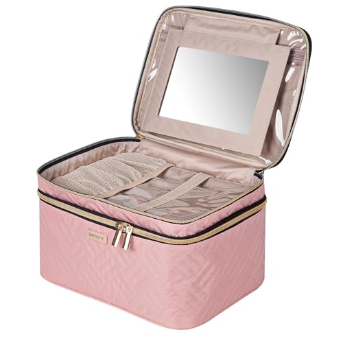 8.8L Double Layer Travel Makeup Bag With Mirror For Women, Large Cosmetic Case, Organizer for Travel-Size Accessories Bottles, Brushes,and Skin Care Products, 2.33 GAL, Pink