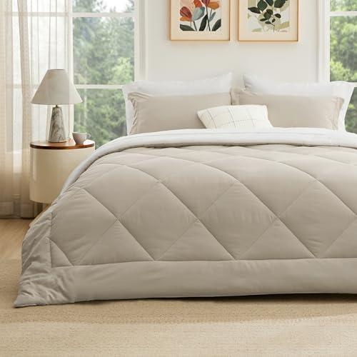 Bedsure Beige and White Twin Comforter Set - 5 Pieces Reversible Twin Bed in a Bag, Twin Bed Set Beige and White with Comforters, Sheets, Pillowcase & Sham