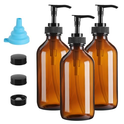 8oz Amber Glass Dispenser Bottles 3-Pack with Pump