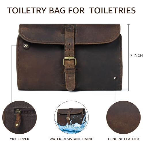 LEATHER VILLAGE Hanging Leather Toiletry Bag for Men ? Handcrafted Vintage Premium Travel Dopp Kit with Waterproof Lining, Shaving Organizer and Shower Bathroom Essentials Case - Brown