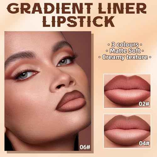 3 Colors 2 in 1 Lip Liner Set, Matte Nude Dark Brown Red Lip Liner Plumping Smooth Creamy Lip Pencil, High Pigmented Long lasting Light Brown Lipstick Makeup, 02+04+06