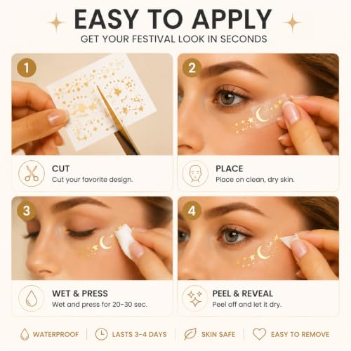 Gold Glitter Face Tattoos - 20 Sheets Waterproof Temporary Stickers