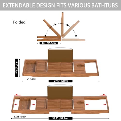 Teak Bathtub Caddy Tray - Expandable Wood Bath Organizer
