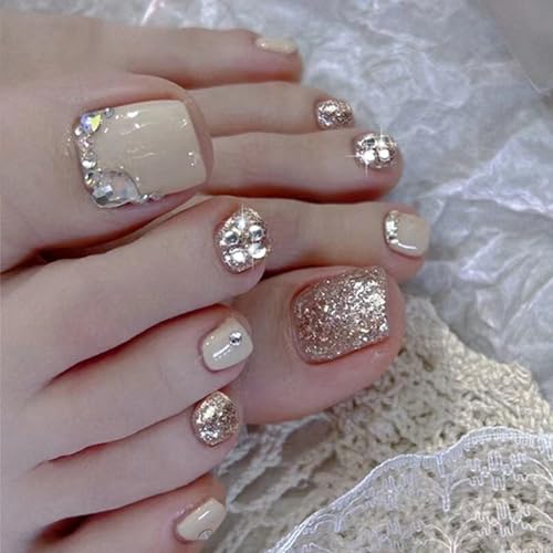 White Press on Toenails Gold Glitter Rhinestone Design Square Fake Toenails Luxurious Short Acrylic False Toes Nails Cute Artificial Beach Full Cover Toenail White for Women and Girls 24Pcs