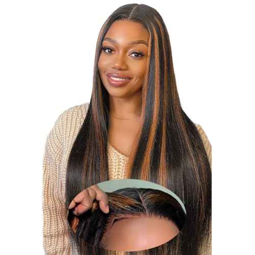 Wear and Go Glueless Wig Human Hair Pre Cut 24 Inch Balayage Highlight 7x5 HD Lace Front Wig Pre Plucked Bleached Knots 1b30 Black and Blonde Ombre Lace Closure Wig 180 Density for Women