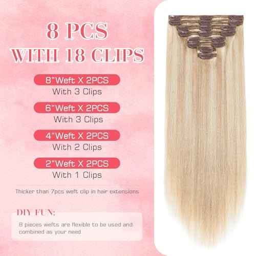 S-noilite Clip in Hair Extensions Human Hair, Ash Blonde to Bleach Blonde Balayage Remy Hair Extensions Double Weft 10 Inch Short Black Human Hair Extensions Clip ins for Women 110g 8pcs(#18P613)