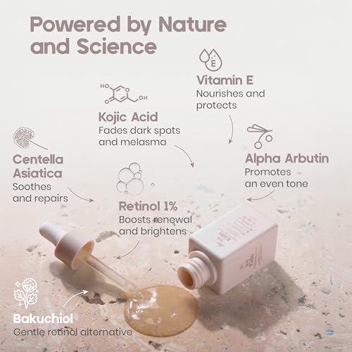 KIDO Brightening Serum - Reduces Dark Spots, Evens Skin Tone, Hydrates Deeply, Non-Irritating Formula, Kojic Acid, Alpha Arbutin, Retinol Serum for Face, Centella Asiatica, & Vitamin E
