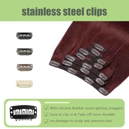 24 Inch #99J Red Clip in Hair Extensions - Real Remy Human Hair, 120g 7pcs, Burgundy Human Hair Extensions Clip ins for Women