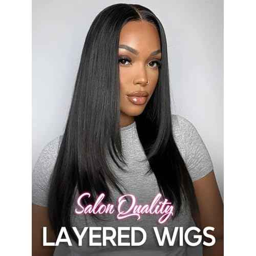ISEE Hair Straight Glueless Wigs Human Hair Pre Plucked Pre Cut HD Lace 7x5 Layered Wig Face-Framing 180% Density Lace Front Wig Human Hair For Beginners 3 Second To Wear 22 Inch