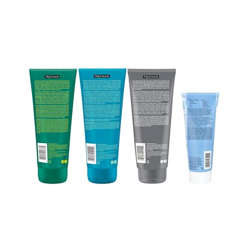 Freeman Facial Mask 4 Count Variety Bundle, Hydrating & Cleansing Skincare, Anti-Stress, Cucumber, & Charcoal Facial Treatments, Peel-Off, Clay, & Gel Masks & Scrub, 3: 6 fl. oz. Tubes & 1: 3 oz. Tube