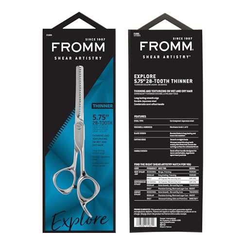 Fromm Professional Explore 5.75" 28 Tooth Thinning Shears Wet and Dry Hair, Polished Silver Japanese Steel Scissors with Smooth Straight Blade and Microserrated Thinning Teeth