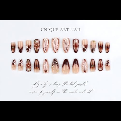 Brown French Tip Press On Nails - Medium Almond 5D Flower Design 24Pcs