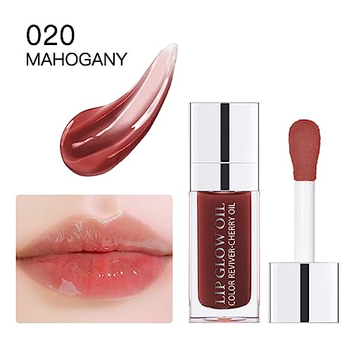 GECOMO Hydrating Lip Glow Oil, Moisturizing Lip Glow Oil, Nourishing Glossy Transparent Lip Oil, Plumping Lip Oil, Lip Balm, Non-sticky Tinted Toot Lip Balm for Lip Care (BROWN) 0.2 OZ