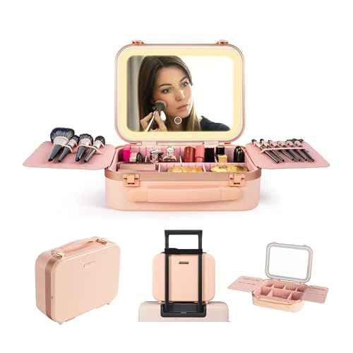 Lighted Makeup Case with Mirror - Standard Size 11.4" x 9" - Travel Makeup Case With Mirror - Rechargeable LED Travel Vanity Case with Adjustable Brightness - Train Case Makeup Bag - Pink
