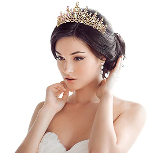AB Gold Crystal Crown Tiara for Women Wedding Bride