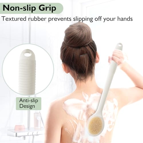VANZAVANZU 17 Inch Anti-Slip Long Handle Back Scrubber for Shower ? Dual-Sided Shower Brush and Shower Back Scrubber with Soft and Stiff Bristles for Wet or Dry Brushing (Cream White)