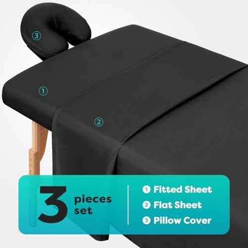 Comfyanno Massage Table Sheets Sets, 3 Pcs Professional Microfiber Massage Bed Cover Sheets, Soft, Light-Weight, Stain & Wrinkle Resistant, Includes Flat & Fitted Sheet, Face Cradle Cover - Black